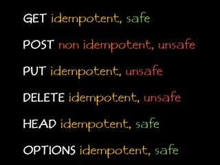 GETidempotent,safePOSTnon idempotent, unsafePUTidempotent, unsafeDELETEidempotent, unsafeHEADidempotent,safeOPTIONSidempotent,safe
