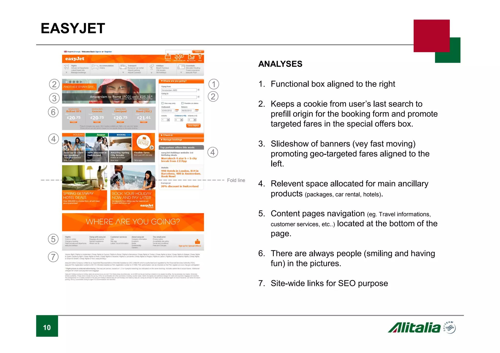 10
EASYJET
ANALYSES
1. Functional box aligned to the right
2. Keeps a cookie from user’s last search to
prefill origin for the booking form and promote
targeted fares in the special offers box.
3. Slideshow of banners (vey fast moving)
promoting geo-targeted fares aligned to the
left.
4. Relevent space allocated for main ancillary
products (packages, car rental, hotels).
5. Content pages navigation (eg. Travel informations,
customer services, etc..) located at the bottom of the
page.
6. There are always people (smiling and having
fun) in the pictures.
7. Site-wide links for SEO purpose
Fold line
1
2
2
3
4
5
6
7
4
 
