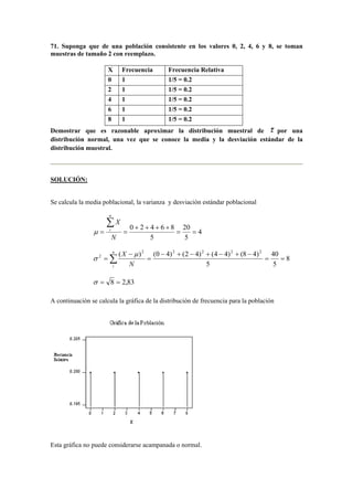 71. Suponga que de una población consistente en los valores 0, 2, 4, 6 y 8, se toman 
muestras de tamaño 2 con reemplazo. 
X Frecuencia Frecuencia Relativa 
0 1 1/5 = 0.2 
2 1 1/5 = 0.2 
4 1 1/5 = 0.2 
6 1 1/5 = 0.2 
8 1 1/5 = 0.2 
Demostrar que es razonable aproximar la distribución muestral de por una 
distribución normal, una vez que se conoce la media y la desviación estándar de la 
distribución muestral. 
SOLUCIÓN: 
Se calcula la media poblacional, la varianza y desviación estándar poblacional 
4 
0 2 4 6 8 = 20 
= 
5 
+ + + + 
5 
n 
Σ 
N 
X 
μ i 
= = 
8 
40 
− + − + − + − 
X μ 
2 = = 
5 
( )2 (0 4)2 (2 4)2 (4 4)2 (8 4)2 
5 
= 
− 
=Σn 
i N 
σ 
σ = 8 = 2,83 
A continuación se calcula la gráfica de la distribución de frecuencia para la población 
Esta gráfica no puede considerarse acampanada o normal. 
 