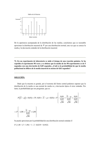 De la apariencia acampanada de la distribución de las medias, concluimos que es razonable 
aproximar la distribución muestral de por una distribución normal, una vez que se conoce la 
media y la desviación estándar de la distribución muestral. 
72. En un experimento de laboratorio se mide el tiempo de una reacción química. Se ha 
repetido el experimento 98 veces y se obtiene que la media de los 98 experimentos es de 5 
segundos con una desviación de 0,05 segundos. ¿Cuál es la probabilidad de que la media 
poblacional m difiera de la media muestral en menos de 0,01 segundos? 
SOLUCIÓN: 
Dado que la muestra es grande, por el teorema del límite central podemos suponer que la 
distribución de la media es una normal de media m y desviación típica el error estándar. Por 
tanto, la probabilidad que nos preguntan, que es: 
= 
 
  
  
 
  
  
 
− 
( ) 0,01) ( 0,01 0,01) 0,01 
−  = −  −  = −  
0,01 
0,05 
98 
0,05 
98 
0,05 
98 
μ 
P X μ P X μ P X 
 
  
  
 
  
  
 
P X − 
μ 
= −  1,98 
0,05 
98 
1,98 
Se puede aproximar por la probabilidad de una distribución normal estándar Z: 
P (-1,98  Z  1,98) = 1 - 2 · 0,0239 = 0,9522. 
 