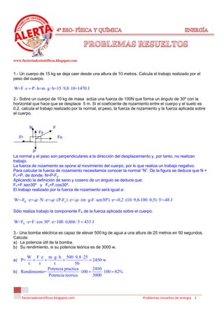 www.factoriadecientificos.blogspot.com


1.- Un cuerpo de 15 kg se deja caer desde una altura de 10 metros. Calcula el trabajo realizado por el
peso del cuerpo.

W=F ⋅ e = P ⋅ h=m ⋅ g ⋅ h=15 ⋅ 9,8 ⋅10=1470 J

2.- Sobre un cuerpo de 10 kg de masa actúa una fuerza de 100N que forma un ángulo de 30º con la
horizontal que hace que se desplace 5 m. Si el coeficiente de rozamiento entre el cuerpo y el suelo es
0,2, calcula el trabajo realizado por la normal, el peso, la fuerza de rozamiento y la fuerza aplicada sobre
el cuerpo.


          N              F
                Fy
   Fr                        Fx


            P
La normal y el peso son perpendiculares a la dirección del desplazamiento y, por tanto, no realizan
trabajo.
La fuerza de rozamiento se opone al movimiento del cuerpo, por lo que realiza un trabajo negativo.
Para calcular la fuerza de rozamiento necesitamos conocer la normal “N”. De la figura se deduce que N +
FY=P, de donde: N=P-Fy.
Aplicando la definición de seno y coseno de un ángulo se deduce que:
FY=F.sen30º y Fx=F.cos30º.
El trabajo realizado por la fuerza de rozamiento será igual a:

W=-FR ⋅ e=-µ ⋅ N ⋅ e=-µ ⋅ (P-Fy ) ⋅ e=-µ ⋅ (m ⋅ g-F ⋅ sen30º) ⋅ e=-0,2 ⋅ (10 ⋅ 9,8-100 ⋅ 0,5) ⋅ 5=-48 J

Sólo realiza trabajo la componente FX de la fuerza aplicada sobre el cuerpo:

W=FX ⋅ e=F ⋅ cos 30º ⋅ e=100 ⋅ 0,866 ⋅ 5 = 433 J

3.- Una bomba eléctrica es capaz de elevar 500 kg de agua a una altura de 25 metros en 50 segundos.
Calcula:
a) La potencia útil de la bomba.
b) Su rendimiento, si su potencia teórica es de 3000 w.

      W F ⋅ e m ⋅ g ⋅ h 500 ⋅ 9,8 ⋅ 25
a) P=   =     =         =              = 2450 w
      t    t       t           50
                Potencia practica        2450
b) Rendimiento=                   ⋅100 =      ⋅100 = 82%
                Potencia teorica         3000



     factoriadecientificos.blogspot.com                                            Problemas resueltos de energía 1
 