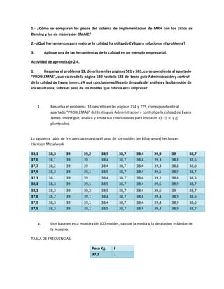 1.- ¿Cómo se comparan los pasos del sistema de implementación de MRH con los ciclos de
Deming y los de mejora del DMAIC?
2.- ¿Qué herramientas para mejorar la calidad ha utilizado EVS para solucionar el problema?
3. Aplique una de las herramientas de la calidad en un ejemplo empresarial.
Actividad de aprendizaje 2.4.
1. Resuelva el problema 13, descrito en las páginas 581 y 583, correspondiente al apartado
“PROBLEMAS”, que va desde la página 580 hasta la 583 del texto guía Administración y control
de la calidad de Evans James. ¿A qué conclusiones llegaría después del análisis y la obtención de
los resultados, sobre el peso de los moldes que fabrica esta empresa?
1. Resuelva el problema 11 descrito en las páginas 774 y 775, correspondiente al
apartado “PROBLEMAS” del texto guía Administración y control de la calidad de Evans
James. Investigue, analice y emita sus conclusiones para los casos a), c), e) y g)
planteados.
La siguiente tabla de frecuencias muestra el peso de los moldes (en kilogramos) hechos en
Harrison Metalwork
38,1 38,3 39 39,2 38,5 38,7 38,4 39,9 39 38,7
37,6 38,1 39 39 38,4 38,7 38,4 39,3 38,8 38,6
37,7 38,2 39 39 38,4 38,7 38,4 39,3 38,8 38,6
37,9 38,3 39 39,1 38,5 38,7 38,4 39,5 38,9 38,7
37,3 38,1 39 39 38,4 38,7 38,4 39,2 38,8 38,5
38,1 38,3 39 39,1 38,5 38,7 38,4 39,5 38,9 38,7
38,1 38,3 39 39,2 38,5 38,7 38,4 39,6 39 38,7
37,8 38,2 39 39,1 38,4 38,7 38,4 39,4 38,9 38,6
37,9 38,3 39 39,1 38,4 38,7 38,4 39,4 38,9 38,6
37,9 38,3 39 39,1 38,5 38,7 38,4 39,4 38,9 38,7
a. Con base en esta muestra de 100 moldes, calcule la media y la desviación estándar de
la muestra.
TABLA DE FRECUENCIAS
Peso Kg. F
37,3 1
 