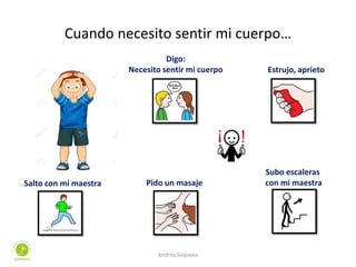Cuando necesito sentir mi cuerpo…
Digo:
Necesito sentir mi cuerpo Estrujo, aprieto
Pido un masajeSalto con mi maestra
Subo escaleras
con mi maestra
Andrea Sequeira
 