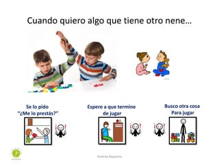 Cuando quiero algo que tiene otro nene…
Se lo pido
“¿Me lo prestás?”
Espero a que termine
de jugar
Busco otra cosa
Para jugar
Andrea Sequeira
 