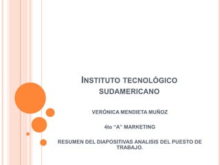Instituto tecnológico sudamericano VERÓNICA MENDIETA MUÑOZ 4to “A” MARKETING RESUMEN DEL DIAPOSITIVAS ANALISIS DEL PUESTO DE TRABAJO. 
