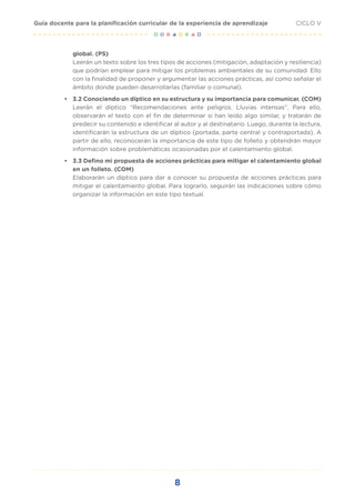 8
CICLO V
Guía docente para la planificación curricular de la experiencia de aprendizaje
global. (PS)
Leerán un texto sobre los tres tipos de acciones (mitigación, adaptación y resiliencia)
que podrían emplear para mitigar los problemas ambientales de su comunidad. Ello
con la finalidad de proponer y argumentar las acciones prácticas, así como señalar el
ámbito donde pueden desarrollarlas (familiar o comunal).
•	 3.2 Conociendo un díptico en su estructura y su importancia para comunicar. (COM)
Leerán el díptico “Recomendaciones ante peligros. Lluvias intensas”. Para ello,
observarán el texto con el fin de determinar si han leído algo similar, y tratarán de
predecir su contenido e identificar al autor y al destinatario. Luego, durante la lectura,
identificarán la estructura de un díptico (portada, parte central y contraportada). A
partir de ello, reconocerán la importancia de este tipo de folleto y obtendrán mayor
información sobre problemáticas ocasionadas por el calentamiento global.
•	 3.3 Defino mi propuesta de acciones prácticas para mitigar el calentamiento global
en un folleto. (COM)
Elaborarán un díptico para dar a conocer su propuesta de acciones prácticas para
mitigar el calentamiento global. Para lograrlo, seguirán las indicaciones sobre cómo
organizar la información en este tipo textual.
 