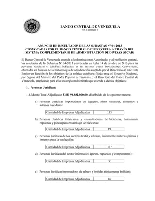  

BANCO CENTRAL DE VENEZUELA
RIF: G‐20000110‐0 

 
 

ANUNCIO DE RESULTADOS DE LAS SUBASTAS N° 04-2013
CONVOCADAS POR EL BANCO CENTRAL DE VENEZUELA A TRAVÉS DEL
SISTEMA COMPLEMENTARIO DE ADMINISTRACIÓN DE DIVISAS (SICAD)
El Banco Central de Venezuela anuncia a las Instituciones Autorizadas y al público en general,
los resultados de las Subastas N° 04-2013 convocadas en fecha 14 de octubre de 2013 para las
personas naturales y jurídicas indicadas en las mismas como Participantes Convocados,
obtenidos en función de la metodología de adjudicación adoptada por el Directorio de este Ente
Emisor en función de los objetivos de la política cambiaria fijada entre el Ejecutivo Nacional,
por órgano del Ministro del Poder Popular de Finanzas, y el Directorio del Banco Central de
Venezuela, empleando para ello una regla multicriterio que atiende a dichos objetivos:
1. Personas Jurídicas:
1.1. Monto Total Adjudicado: USD 94.882.000,00, distribuido de la siguiente manera:
a) Personas Jurídicas importadoras de juguetes, pinos naturales, alimentos y
adornos navideños:
Cantidad de Empresas Adjudicadas

253

b) Personas Jurídicas fabricantes y ensambladoras de bicicletas, únicamente
repuestos y piezas para ensamblaje de bicicletas:
Cantidad de Empresas Adjudicadas

19

c) Personas Jurídicas de los sectores textil y calzado, únicamente materias primas e
insumos para la confección:
Cantidad de Empresas Adjudicadas

307

d) Personas Jurídicas del sector informático (partes, repuestos y componentes):
Cantidad de Empresas Adjudicadas

191

e) Personas Jurídicas importadoras de tabaco y bebidas (únicamente bebidas):
Cantidad de Empresas Adjudicadas

46

 