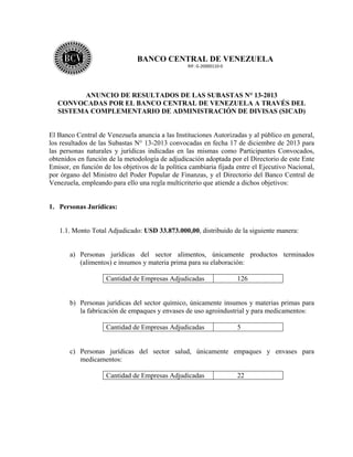  

BANCO CENTRAL DE VENEZUELA
RIF: G‐20000110‐0 

 
 

ANUNCIO DE RESULTADOS DE LAS SUBASTAS N° 13-2013
CONVOCADAS POR EL BANCO CENTRAL DE VENEZUELA A TRAVÉS DEL
SISTEMA COMPLEMENTARIO DE ADMINISTRACIÓN DE DIVISAS (SICAD)

El Banco Central de Venezuela anuncia a las Instituciones Autorizadas y al público en general,
los resultados de las Subastas N° 13-2013 convocadas en fecha 17 de diciembre de 2013 para
las personas naturales y jurídicas indicadas en las mismas como Participantes Convocados,
obtenidos en función de la metodología de adjudicación adoptada por el Directorio de este Ente
Emisor, en función de los objetivos de la política cambiaria fijada entre el Ejecutivo Nacional,
por órgano del Ministro del Poder Popular de Finanzas, y el Directorio del Banco Central de
Venezuela, empleando para ello una regla multicriterio que atiende a dichos objetivos:

1. Personas Jurídicas:

1.1. Monto Total Adjudicado: USD 33.873.000,00, distribuido de la siguiente manera:

a) Personas jurídicas del sector alimentos, únicamente productos terminados
(alimentos) e insumos y materia prima para su elaboración:
Cantidad de Empresas Adjudicadas

126

b) Personas jurídicas del sector químico, únicamente insumos y materias primas para
la fabricación de empaques y envases de uso agroindustrial y para medicamentos: 
Cantidad de Empresas Adjudicadas

5

c) Personas jurídicas del sector salud, únicamente empaques y envases para
medicamentos:
Cantidad de Empresas Adjudicadas

22

 