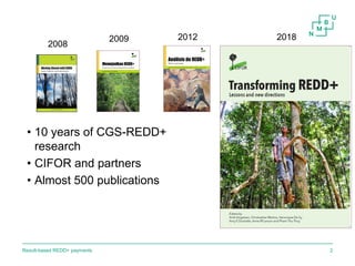 • 10 years of CGS-REDD+
research
• CIFOR and partners
• Almost 500 publications
2008
2009 2012 2018
Result-based REDD+ pay...