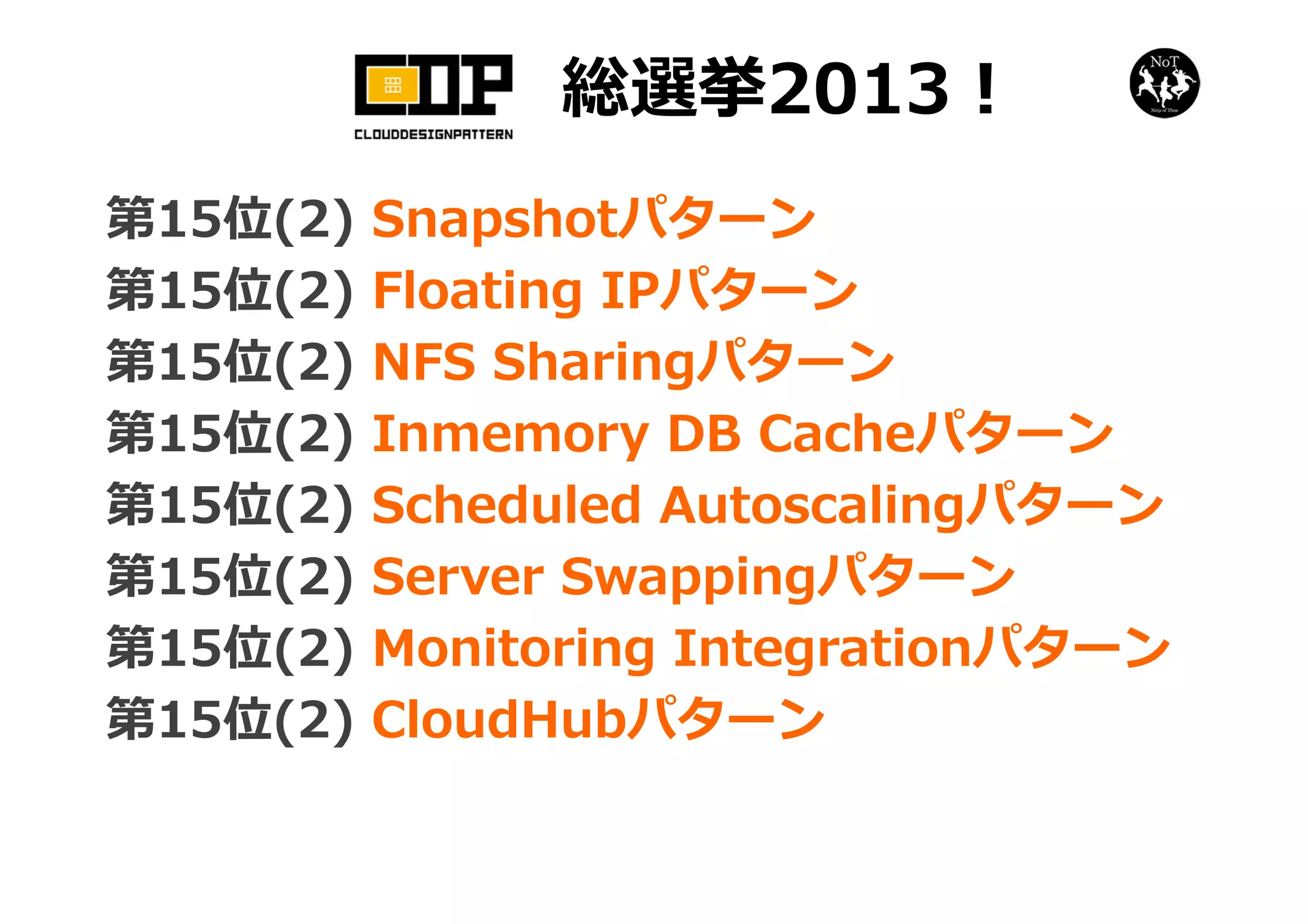 総選挙2013！
第15位(2) Snapshotパターン
第15位(2) Floating IPパターン
第15位(2) NFS Sharingパターン
第15位(2) Inmemory DB Cacheパターン
第15位(2) Scheduled Autoscalingパターン
第15位(2) Server Swappingパターン
第15位(2) Monitoring Integrationパターン
第15位(2) CloudHubパターン
 