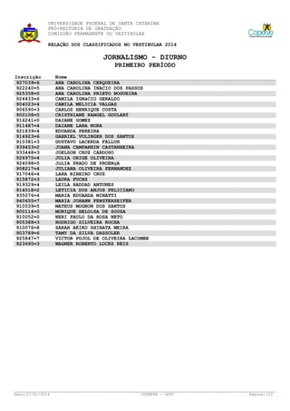 UNIVERSIDADE FEDERAL DE SANTA CATARINA
PRÓ-REITORIA DE GRADUAÇÃO
COMISSÃO PERMANENTE DO VESTIBULAR
RELAÇÃO DOS CLASSIFICADOS NO VESTIBULAR 2014

JORNALISMO - DIURNO
PRIMEIRO PERÍODO
Inscrição
927039=6
922240=5
925358=0
924433=6
904023=4
906590=3
900108=5
916241=0
911487=4
921839=4
914923=6
910381=3
939453=2
933448=3
926975=4
924098=5
908217=4
917046=4
915872=3
919329=4
914018=2
935076=4
940655=7
910539=5
900114=0
910052=0
905388=3
910076=8
903789=6
925847=7
923695=3

Data: 27/01/2014

Nome
ANA CAROLINA CERQUEIRA
ANA CAROLINA INACIO DOS PASSOS
ANA CAROLINA PRIETO NOGUEIRA
CAMILA IGNáCIO GERALDO
CAMILA MELICIA VALGAS
CARLOS HENRIQUE COSTA
CRISTHIANE RANGEL GOULART
DAIANE GOMEZ
DAIANE LARA NORA
EDUARDA PEREIRA
GABRIEL VOLINGER DOS SANTOS
GUSTAVO LACERDA FALLUH
JOANA CAMPANHIN CASTANHEIRA
JOELSON CRUZ CARDOSO
JULIA ORIGE OLIVEIRA
JúLIA PRADO DE PROENçA
JULIANA OLIVEIRA FERNANDEZ
LARA RIBEIRO CRUZ
LAURA FUCHS
LEILA HADDAD ANTUNES
LETICIA DOS ANJOS FELICIANO
MARIA EDUARDA MINATTI
MARIA JOHANN FENSTERSEIFER
MATEUS MOGNON DOS SANTOS
MONIQUE HELOíSA DE SOUZA
NERI PAULO DA ROSA NETO
RODRIGO SILVEIRA ROCHA
SARAH AKIKO SHIBATA MEIRA
TAMY DA SILVA DASSOLER
VICTOR PUJOL DE OLIVEIRA LACOMBE
WAGNER ROBERTO LOCKS REIS

COPERVE - UFSC

Página: 110

 