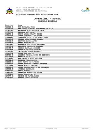 UNIVERSIDADE FEDERAL DE SANTA CATARINA
PRÓ-REITORIA DE GRADUAÇÃO
COMISSÃO PERMANENTE DO VESTIBULAR
RELAÇÃO DOS CLASSIFICADOS NO VESTIBULAR 2014

JORNALISMO - DIURNO
SEGUNDO PERÍODO
Inscrição
920310=9
900980=9
907400=7
917577=6
932074=1
910421=6
928446=0
929645=0
935611=8
919068=6
904056=0
911333=9
903458=7
908408=8
923890=5
900635=4
915754=9
900715=6
912349=0
921381=3
911800=4
906652=7
929329=9
921086=5
930990=0
906400=1
924607=0
917852=0
927977=6
924525=1

Data: 27/01/2014

Nome
ANA CAROLINA THOMé
ANA LUISA PAMPLONA NASCENTES DA SILVA
ANDRESSA RIBEIRO SANTA CRUZ
BáRBARA BET KOHLS
BRUNA LUISA BURATTO REMES
CLARA COMANDOLLI DE SOUZA
CLARISSA DE OLIVEIRA PINTO LEVY
DANIEL NEKATSCHALOW BONFIM
EDUARDO GARCIA ALVES
FABIO TARNAPOLSKY
FERNANDA DOS SANTOS FELIZARI
FERNANDA JAQUELINE MUELLER
HELENA CARVALHO SCHMIDT
ISABELE CRISTINE REUSING
JAQUELINE SANTOS MACHADO
JúLIA ZEN DARIVA
JULLIAN PEREIRA LOPES DE OLIVEIRA
KAMYLLA SILVA
KEROLAINE RINALDI BATISTA
LARISSA FERREIRA LIZ
LUAN POFFO DE OLIVEIRA
MARIA FERNANDA SOMENZI SALINET
MARIá MORITZ TOMAZONI
MARIA TERESA MAZETTO DE CARVALHO
MARIELA CANCELIER
PABLO MINGOTI
SAMANTHA MARQUES DE SOUZA
SARAH SOARES MOTTA
SIMONE DE FATIMA RIBAS
THAYNá CORDEIRO BESSA

COPERVE - UFSC

Página: 111

 