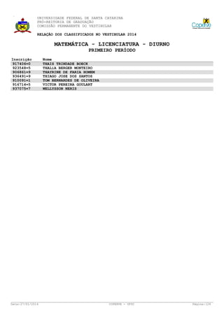 UNIVERSIDADE FEDERAL DE SANTA CATARINA
PRÓ-REITORIA DE GRADUAÇÃO
COMISSÃO PERMANENTE DO VESTIBULAR
RELAÇÃO DOS CLASSIFICADOS NO VESTIBULAR 2014

MATEMÁTICA - LICENCIATURA - DIURNO
PRIMEIRO PERÍODO
Inscrição
917406=0
923548=5
906861=9
936491=9
910091=1
916714=5
937075=7

Data: 27/01/2014

Nome
THAIS TRINDADE BOECK
THALíA BERGER MONTEIRO
THAYRINE DE FARIA HOMEM
THIAGO JOSE DOS SANTOS
TOM BERNARDES DE OLIVEIRA
VICTOR PEREIRA GOULART
WELLYSSON NERIS

COPERVE - UFSC

Página: 124

 