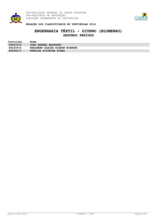 UNIVERSIDADE FEDERAL DE SANTA CATARINA
PRÓ-REITORIA DE GRADUAÇÃO
COMISSÃO PERMANENTE DO VESTIBULAR
RELAÇÃO DOS CLASSIFICADOS NO VESTIBULAR 2014

ENGENHARIA TÊXTIL - DIURNO (BLUMENAU)
SEGUNDO PERÍODO
Inscrição
935974=5
942200=5
928361=7

Data: 27/01/2014

Nome
JOãO RAFAEL BALKOSKI
KEHLWEEN ZASCHA NIENOW WIRMOND
ROMILDA SILVEIRA PIRES

COPERVE - UFSC

Página: 83

 