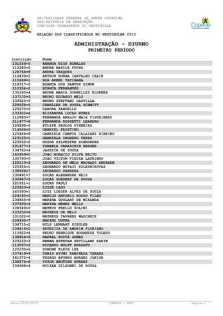 UNIVERSIDADE FEDERAL DE SANTA CATARINA
PRÓ-REITORIA DE GRADUAÇÃO
COMISSÃO PERMANENTE DO VESTIBULAR
RELAÇÃO DOS CLASSIFICADOS NO VESTIBULAR 2015
ADMINISTRAÇÃO - DIURNO
PRIMEIRO PERÍODO
Inscrição Nome
131556=0 ANANDA RIOS BONALDO
112283=5 ANDRE BASILE FUCHS
128764=8 ANDRé VASQUES
116439=2 ARTHUR BORBA CARVALHO CHAIN
115249=1 BIA AKEMI TATIBANA
114717=0 BIANCA DOS SANTOS SIMON
110334=2 BIANCA FERNANDES
135295=4 BRUNA MARIA DORNELLES KLOKNER
137105=3 BRUNO EDUARDO MELO
133025=0 BRUNO STEFFANI CAOVILLA
128558=0 CHARLLES DE SOUZA SCHMITT
125670=0 DéBORA ZANOELLO
133322=4 ELIZANDRA LUCAS NUNES
112685=7 FERNANDA ARAúJO MAIA FIGUEIREDO
111477=8 FERNANDA ROSSETTI LEANDRO
129298=6 FILIPE PAULOS PINHEIRO
114569=0 GABRIEL FAUSTINO
125864=8 GABRIELA CAMPOS CALAZANS RIBEIRO
123125=1 GABRIELA ONGHERO PERES
123052=2 HIGOR SILVESTRE SCHROEDER
101477=3 ISABELA VARASCHIN BERGER
134762=4 JéSSICA DE SOUZA
140959=0 JOãO HORáCIO SILVA BRITO
135793=0 JOãO VICTOR VIEIRA LAURINDO
122113=2 LEONARDO DE MELO MACHADO ANDRADE
120354=1 LEONARDO MIYAJI KOLESNIKOVAS
138669=7 LEONARDO PANSERA
130491=7 LUCAS ALEXANDRE NEIS
130847=5 LUCAS GOEDERT DE SOUZA
121021=1 LUCAS PAULI
122823=4 LUISE LAGO
140393=1 LUIZ LOESER ALVES DE SOUZA
124185=0 MARCOS ANTôNIO ROSSO FILHO
134855=8 MARINA GOULART DE MIRANDA
137693=4 MARINA MEWES MELLO
108349=0 MATEUS FRELLO SCAINI
103252=6 MATHEUS DE MELO
101022=0 MATHEUS TAVARES WASCHECK
104330=7 NADINI DUTRA
134715=2 NILS LENNART ZIEGLER
108416=0 PATRICIA DE AMORIM FLORIANO
115922=4 PEDRO HENRIQUE BODANESE TOLEDO
138454=6 RAFAEL ROTTA GOMES
103150=3 RENAN ESTEVAN SEVILLANO DARIN
113007=2 RICARDO WOLFF BORSATO
125235=6 SIMONE KLEIN LEE
107419=9 THAIS AYUMI KAMIWADA TANAKA
141372=4 THIAGO AFONSO BORGES JúNIOR
138274=8 VITOR BEUTING HUEBES
104998=4 WILIAN GILSONEI DE SOUZA
COPERVE - UFSCData: 13/01/2015 1Página:
 