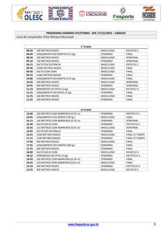 www.fesporte.sc.gov.br 3
PROGRAMA HORÁRIO ATLETISMO - DIA 17/12/2016 – SÁBADO
Local de competição: Pista Olímpica Municipal
1
a
ETAPA
08:30 100 METROS RASOS MASCULINO DECATLO 1
08:30 LANÇAMENTO DO MARTELO (3 kg) FEMININO FINAL
08:50 100 METROS RASOS MASCULINO SEMIFINAL
09:10 100 METROS RASOS FEMININO SEMIFINAL
09:15 SALTO EM DISTÂNCIA MASCULINO DECATLO 2
09:30 3.000 METROS RASOS MASCULINO FINAL
09:30 SALTO COM VARA MASCULINO FINAL
09:55 3.000 METROS RASOS FEMININO FINAL
10:00 LANÇAMENTO DO MARTELO (5 kg) MASCULINO FINAL
10:20 400 METROS RASOS MASCULINO SEMIFINAL
10:45 400 METROS RASOS FEMININO SEMIFINAL
11:10 ARREMESSO DO PESO (5 kg) MASCULINO DECATLO 3
11:15 LANÇAMENTO DO DISCO (1 kg) FEMININO FINAL
11:25 100 METROS RASOS MASCULINO FINAL
11:35 100 METROS RASOS FEMININO FINAL
2ª ETAPA
16:00 100 METROS COM BARREIRAS (0,76 m) FEMININO HEPTATLO 1
16:05 LANÇAMENTO DO DARDO (700 gr) MASCULINO FINAL
16:15 100 METROS COM BARREIRAS (0,76 m) FEMININO SEMIFINAL
16:30 SALTO EM ALTURA FEMININO HEPTATLO 2
16:35 110 METROS COM BARREIRAS (0,91 m) MASCULINO SEMIFINAL
16:45 SALTO EM DISTÂNCIA FEMININO FINAL
16:55 1500 METROS RASOS MASCULINO FINAL P/ TEMPO
17:15 1500 METROS RASOS FEMININO FINAL P/ TEMPO
17:40 400 METROS RASOS MASCULINO FINAL
17:45 LANÇAMENTO DO DARDO (500 gr) FEMININO FINAL
17:55 400 METROS RASOS FEMININO FINAL
18:00 SALTO EM ALTURA MASCULINO DECATLO 4
18:10 ARREMESSO DO PESO (3 kg) FEMININO HEPTATLO 3
18:20 100 METROS COM BARREIRAS (0,76 m) FEMININO FINAL
18:35 110 METROS COM BARREIRAS (0,91 m) MASCULINO FINAL
19:10 200 METROS RASOS FEMININO HEPTATLO 4
19:25 400 METROS RASOS MASCULINO DECATLO 5
 