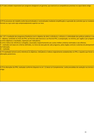 § 2º Cada unidade responsável por programa designará um gerente, que exercerá as competências previstas no caput deste artigo.




§ 3º Os processos de trabalho serão descentralizados e racionalizados mediante simplificação e supressão de controles que se revelarem
formais ou cujo custo seja comprovadamente superior ao risco.




Art. 127. A avaliação dos programas finalísticos terá o objetivo de aferir a eficiência, a eficácia e a efetividade das políticas públicas e ser
I – objetiva, contendo no início do PPA, ao final de cada exercício e ao final do PPA, a comparação, no mínimo, por região e por program
a) entre objetivos e resultados, expressos por indicadores;
b) entre índices de referência e atingidos, associados respectivamente aos custos médios unitários estimados e aos efetivos;
II – realizada com base em critérios definidos, no início da execução de cada programa, pelos órgãos centrais e setoriais de planejament
da Federação;
III – realizada:
a) pelos gerentes a que se refere o art. 126, § 2º, desta Lei Complementar;
§ 1º A avaliação tomará como referência os objetivos, indicadores e índices originalmente estabelecidos no PPA, e aqueles que foram ob
b) por instituições de pesquisa públicas, inclusive em parceria com instituições da sociedade civil, ou por tribunais de contas, assegurado
alterações posteriores.
independente das opiniões;
IV – pública e acessível, na terminologia utilizada e nos meios eletrônicos disponibilizados.




§ 2º As alterações do PPA, realizadas conforme disposto no art. 12 desta Lei Complementar, serão precedidas de avaliação nos termos d
artigo.




                                                                                                                                21
 