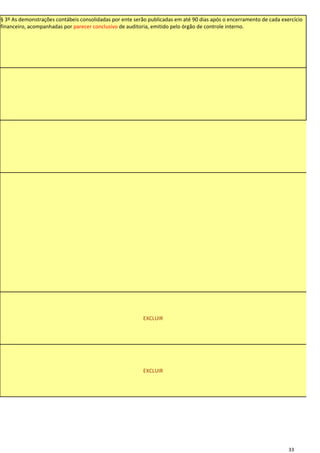 § 3º As demonstrações contábeis consolidadas por ente serão publicadas em até 90 dias após o encerramento de cada exercício
financeiro, acompanhadas por parecer conclusivo de auditoria, emitido pelo órgão de controle interno.




                                                                                                                              s
                                                                                                                              ó

                                                                                                                              l
                                                                                                                              e
                                                                                                                              m
                                                                                                                              b
                                                                                                                              r
                                                                                                                              a
                                                                                                                              n
                                                                                                                              d
                                                                                                                              o

                                                                                                                              q
                                                                                                                              u
                                                                                                                              e

                                                                                                                              o

                                                                                                                              B
                                                                                                                              a
                                                                                                                              l
                                                                                                                              a
                                                                                                                              n
                                                                                                                              ç
                                                                                                                              o

                                                                                                                              O
                                                                                                                              r
                                                                                                                              ç
                                                                                                                              a
                                                                                                                              m
                                                                                                                              e
                                                                                                                              n
                                                                                                                              t
                                                          EXCLUIR                                                             á
                                                                                                                              r
                                                                                                                              i
                                                                                                                              o

                                                                                                                              n
                                                                                                                              ã
                                                          EXCLUIR                                                             o

                                                                                                                              é

                                                                                                                              e
                                                                                                                              l
                                                                                                                              a
                                                                                                                              b
                                                                                                                              o
                                                                                                                              r
                                                                                                                              a
                                                                                                                              d
                                                                                                                     33
 