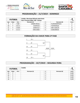 13
PROGRAMAÇÃO – 21/7/2019 – DOMINGO
FUTEBOL
Estádio Municipal Alfredo João Krieck
Rua: Princesa Isabel, 550 - Canoas
Jogo Naipe Hora Município [A] X Município [B] Chave
9 F 9:00 LEBON RÉGIS X FLORIANÓPOLIS C
10 F 10:15 CHAPECÓ X ITAPIRANGA C
11 F 14:00 JOINVILLE X SÃO CARLOS A
12 F 15:15 CRICIÚMA X CONCÓRDIA B
FORMAÇÃO DA CHAVE PARA 2ª FASE
I 1º +
II 2º S/F
III 2º
3º/4º 1º/2º
IV 1º -
V 2º
S/F
VI 1º + -
PROGRAMAÇÃO – 22/7/2019 – SEGUNDA FEIRA
FUTEBOL
Estádio
Jogo Naipe Hora Município [A] X Município [B] Chave
13 F X ELIM
14 F X ELIM
15 F X ELIM
16 F X ELIM
 