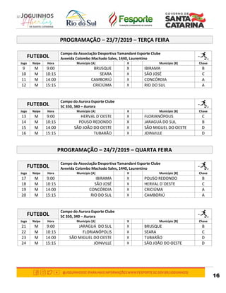 16
PROGRAMAÇÃO – 23/7/2019 – TERÇA FEIRA
FUTEBOL
Campo da Associação Desportiva Tamandaré Esporte Clube
Avenida Colombo Machado Sales, 1440, Laurentino
Jogo Naipe Hora Município [A] X Município [B] Chave
9 M 9:00 BRUSQUE X IBIRAMA B
10 M 10:15 SEARA X SÃO JOSÉ C
11 M 14:00 CAMBORIÚ X CONCÓRDIA A
12 M 15:15 CRICIÚMA X RIO DO SUL A
FUTEBOL
Campo do Aurora Esporte Clube
SC 350, 340 – Aurora
Jogo Naipe Hora Município [A] X Município [B] Chave
13 M 9:00 HERVAL D´OESTE X FLORIANÓPOLIS C
14 M 10:15 POUSO REDONDO X JARAGUÁ DO SUL B
15 M 14:00 SÃO JOÃO DO OESTE X SÃO MIGUEL DO OESTE D
16 M 15:15 TUBARÃO X JOINVILLE D
PROGRAMAÇÃO – 24/7/2019 – QUARTA FEIRA
FUTEBOL
Campo da Associação Desportiva Tamandaré Esporte Clube
Avenida Colombo Machado Sales, 1440, Laurentino
Jogo Naipe Hora Município [A] X Município [B] Chave
17 M 9:00 IBIRAMA X POUSO REDONDO B
18 M 10:15 SÃO JOSÉ X HERVAL D´OESTE C
19 M 14:00 CONCÓRDIA X CRICIÚMA A
20 M 15:15 RIO DO SUL X CAMBORIÚ A
FUTEBOL
Campo do Aurora Esporte Clube
SC 350, 340 – Aurora
Jogo Naipe Hora Município [A] X Município [B] Chave
21 M 9:00 JARAGUÁ DO SUL X BRUSQUE B
22 M 10:15 FLORIANÓPOLIS X SEARA C
23 M 14:00 SÃO MIGUEL DO OESTE X TUBARÃO D
24 M 15:15 JOINVILLE X SÃO JOÃO DO OESTE D
 