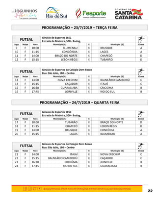 22
PROGRAMAÇÃO – 23/7/2019 – TERÇA FEIRA
FUTSAL
Ginásio de Esportes SESC
Estrada da Madeira, 500 - Budag,
Jogo Naipe Hora Município [A] X Município [B] Chave
9 F 10:00 BLUMENAU X BRUSQUE A
10 F 11:15 CONCÓRDIA X LAGES A
11 F 14:00 BRAÇO DO NORTE X CHAPECÓ D
12 F 15:15 LEBON RÉGIS X TUBARÃO D
FUTSAL
Ginásio de Esportes do Colégio Dom Bosco
Rua: São João, 180 – Centro
Jogo Naipe Hora Município [A] X Município [B] Chave
13 F 14:00 NOVA ERECHIM X BALNEÁRIO CAMBORIÚ C
14 F 15:15 CAÇADOR X ITAJAÍ C
15 F 16:30 GUARACIABA X CRICIÚMA B
16 F 17:45 JOINVILLE X RIO DO SUL B
PROGRAMAÇÃO – 24/7/2019 – QUARTA FEIRA
FUTSAL
Ginásio de Esportes SESC
Estrada da Madeira, 500 - Budag,
Jogo Naipe Hora Município [A] X Município [B] Chave
17 F 10:00 TUBARÃO X BRAÇO DO NORTE D
18 F 11:15 CHAPECÓ X LEBON RÉGIS D
19 F 14:00 BRUSQUE X CONCÓDIA A
20 F 15:15 LAGES X BLUMENAU A
FUTSAL
Ginásio de Esportes do Colégio Dom Bosco
Rua: São João, 180 – Centro
Jogo Naipe Hora Município [A] X Município [B] Chave
21 F 14:00 ITAJAÍ X NOVA ERECHIM C
22 F 15:15 BALNEÁRIO CAMBORIÚ X CAÇADOR C
23 F 16:30 CRICIÚMA X JOINVILLE B
24 F 17:45 RIO DO SUL X GUARACIABA B
 