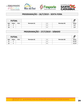 24
PROGRAMAÇÃO – 26/7/2019 – SEXTA FEIRA
FUTSAL
Jogo Naipe Hora Município [A] X Município [B] Chave
29 F X S/F
30 F X S/F
PROGRAMAÇÃO – 27/7/2019 – SÁBADO
FUTSAL
Jogo Naipe Hora Município [A] X Município [B] Chave
31 F X 3º/4º
32 F X 1º/2º
 