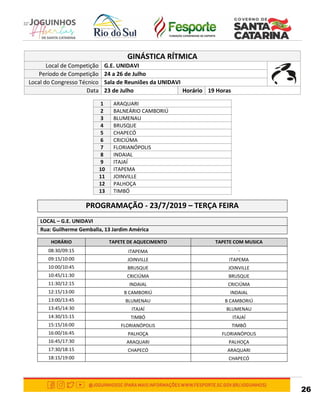 26
GINÁSTICA RÍTMICA
Local de Competição G.E. UNIDAVI
Período de Competição 24 a 26 de Julho
Local do Congresso Técnico Sala de Reuniões da UNIDAVI
Data 23 de Julho Horário 19 Horas
1 ARAQUARI
2 BALNEÁRIO CAMBORIÚ
3 BLUMENAU
4 BRUSQUE
5 CHAPECÓ
6 CRICIÚMA
7 FLORIANÓPOLIS
8 INDAIAL
9 ITAJAÍ
10 ITAPEMA
11 JOINVILLE
12 PALHOÇA
13 TIMBÓ
PROGRAMAÇÃO - 23/7/2019 – TERÇA FEIRA
LOCAL – G.E. UNIDAVI
Rua: Guilherme Gemballa, 13 Jardim América
HORÁRIO TAPETE DE AQUECIMENTO TAPETE COM MUSICA
08:30/09:15 ITAPEMA -
09:15/10:00 JOINVILLE ITAPEMA
10:00/10:45 BRUSQUE JOINVILLE
10:45/11:30 CRICIÚMA BRUSQUE
11:30/12:15 INDAIAL CRICIÚMA
12:15/13:00 B CAMBORIÚ INDAIAL
13:00/13:45 BLUMENAU B CAMBORIÚ
13:45/14:30 ITAJAÍ BLUMENAU
14:30/15:15 TIMBÓ ITAJAÍ
15:15/16:00 FLORIANÓPOLIS TIMBÓ
16:00/16:45 PALHOÇA FLORIANÓPOLIS
16:45/17:30 ARAQUARI PALHOÇA
17:30/18:15 CHAPECÓ ARAQUARI
18:15/19:00 CHAPECÓ
 