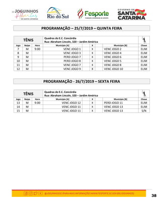 38
PROGRAMAÇÃO – 25/7/2019 – QUINTA FEIRA
TÊNIS
Quadras do E.C. Concórdia
Rua: Abraham Lincoln, 320 – Jardim América
Jogo Naipe Hora Município [A] X Município [B] Chave
7 M 9:00 VENC JOGO 1 X VENC JOGO 2 ELIM
8 M VENC JOGO 3 X VENC JOGO 4 ELIM
9 M PERD JOGO 7 X VENC JOGO 6 ELIM
10 M PERD JOGO 8 X VENC JOGO 5 ELIM
11 M VENC JOGO 7 X VENC JOGO 8 ELIM
12 M VENC JOGO 9 X VENC JOGO 10 ELIM
PROGRAMAÇÃO - 26/7/2019 – SEXTA FEIRA
TÊNIS
Quadras do E.C. Concórdia
Rua: Abraham Lincoln, 320 – Jardim América
Jogo Naipe Hora Município [A] X Município [B] Chave
13 M 9:00 VENC JOGO 12 X PERD JOGO 11 ELIM
14 M VENC JOGO 11 X VENC JOGO 13 ELIM
15 M VENC JOGO 11 X VENC JOGO 13 S/N
 