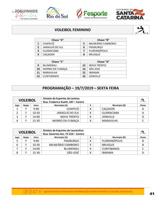 41
VOLEIBOL FEMININO
Chave “A” Chave “B”
1 CHAPECÓ 5 BALNEÁRIO CAMBORIÚ
2 JARAGUÁ DO SUL 6 FRAIBURGO
3 GUARACIABA 7 FLORIANÓPOLIS
4 CAÇADOR 8 BRUSQUE
Chave “C” Chave “D”
9 BLUMENAU 13 NOVA TRENTO
10 MORRO DA FUMAÇA 14 SÃO JOSÉ
11 MARAVILHA 15 IBIRAMA
12 CURITIBANOS 16 JOINVILLE
PROGRAMAÇÃO – 19/7/2019 – SEXTA FEIRA
VOLEIBOL
Ginásio de Esportes de Lontras
Rua: Frederico Kuehl, 187 – Centro
Jogo Naipe Hora Município [A] X Município [B] Chave
1 F 9:00 CHAPECÓ X CAÇADOR A
2 F 10:30 JARAGUÁ DO SUL X GUARACIABA A
3 F 14:00 NOVA TRENTO X JOINVILLE D
4 F 15:30 MORRO DA FUMAÇA X MARAVILHA C
VOLEIBOL
Ginásio de Esportes de Laurentino
Rua: Severino Avi, 72-314 – Centro
Jogo Naipe Hora Município [A] X Município [B] Chave
5 F 9:00 FRAIBURGO X FLORIANÓPOLIS B
6 F 10:30 BALNEÁRIO CAMBORIÚ X BRUSQUE B
7 F 14:00 BLUMENAU X CURITIBANOS C
8 F 15:30 SÃO JOSÉ X IBIRAMA D
 