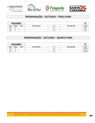 44
PROGRAMAÇÃO – 23/7/2019 – TERÇA FEIRA
VOLEIBOL
Jogo Naipe Hora Município [A] X Município [B] Chave
29 F X S/F
30 F X S/F
PROGRAMAÇÃO – 24/7/2019 – QUARTA FEIRA
VOLEIBOL
Jogo Naipe Hora Município [A] X Município [B] Chave
31 F X 3º/4º
32 F X 1º/2º
 