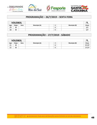 48
PROGRAMAÇÃO – 26/7/2019 – SEXTA FEIRA
VOLEIBOL
Jogo Naipe Hora Município [A] X Município [B] Chave
29 M X S/F
30 M X S/F
PROGRAMAÇÃO – 27/7/2019 - SÁBADO
VOLEIBOL
Jogo Naipe Hora Município [A] X Município [B] Chave
31 M X 3º/4º
32 M X 1º/2º
 