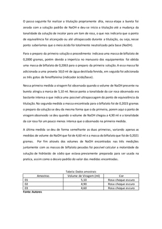O passo seguinte foi realizar a titulação propriamente dita, nessa etapa a bureta foi
zerada com a solução padrão de NaOH e deu-se início a titulação até a mudança da
tonalidade da solução de incolor para um tom de rosa, o que nos indicaria que o ponto
de equivalência foi alcançado ou até ultrapassado durante a titulação, ou seja, nesse
ponto saberíamos que o meio ácido foi totalmente neutralizado pela base (NaOH).
Para o preparo da primeira solução o procedimento indicava uma massa de biftalato de
0,2000 gramas, porém devido a imperícia no manuseio dos equipamentos foi obtida
uma massa de biftalato de 0,2063 para o preparo da primeira solução. A essa massa foi
adicionada a uma proveta 50,0 ml de água destilada fervida, em seguida foi adicionada
as três gotas de fenolftaleína (indicador ácido/base).
Nessa primeira medida a viragem foi observada quando o volume de NaOH presente na
bureta atingiu a marca de 5,10 ml. Nesse ponto a tonalidade da cor rosa observada era
bastante intensa o que indica uma possível ultrapassagem do ponto de equivalência da
titulação. Na segunda medida a massa encontrada para o biftalato foi de 0,2023 gramas
o preparo da solução se deu da mesma forma que o da primeira, porem aqui o ponto de
viragem observado se deu quando o volume de NaOH chegou a 4,90 ml e a tonalidade
da cor rosa foi um pouco menos intensa que o observado na primeira medida.
A última medida se deu de forma semelhante as duas primeiras, variando apenas as
medidas de volume do NaOH que foi de 4,60 ml e a massa do biftalato que foi de 0,2021
gramas. Por fim através dos volumes de NaOH encontrados nas três medições
juntamente com as massas de biftalato pesadas foi possível calcular a molaridade da
solução de hidróxido de sódio que estava previamente preparada para ser usada na
pratica, assim como o desvio padrão do valor das medidas encontradas.
Amostras Volume de Viragem (ml) Cor
01 5,10 Rosa choque escuro
02 4,90 Rosa choque escuro
03 4,60 Rosa choque escuro
Fonte: Autores
Tabela: Dados amostrais
 