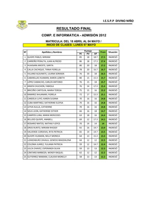 RESULTADO FINAL
COMP. E INFORMÁTICA - ADMISIÓN 2012
  MATRÍCULA: DEL 18 ABRIL AL 04 MAYO /
  INICIO DE CLASES: LUNES 07 MAYO
 