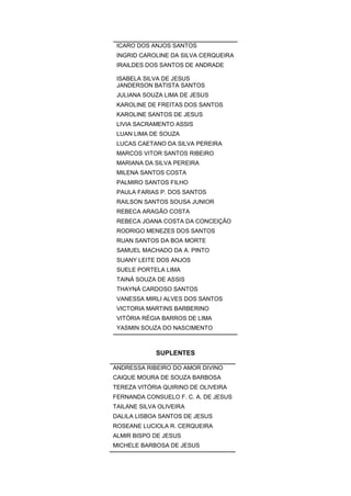 ICARO DOS ANJOS SANTOS
INGRID CAROLINE DA SILVA CERQUEIRA
IRAILDES DOS SANTOS DE ANDRADE
ISABELA SILVA DE JESUS
JANDERSON BATISTA SANTOS
JULIANA SOUZA LIMA DE JESUS
KAROLINE DE FREITAS DOS SANTOS
KAROLINE SANTOS DE JESUS
LIVIA SACRAMENTO ASSIS
LUAN LIMA DE SOUZA
LUCAS CAETANO DA SILVA PEREIRA
MARCOS VITOR SANTOS RIBEIRO
MARIANA DA SILVA PEREIRA
MILENA SANTOS COSTA
PALMIRO SANTOS FILHO
PAULA FARIAS P. DOS SANTOS
RAILSON SANTOS SOUSA JUNIOR
REBECA ARAGÃO COSTA
REBECA JOANA COSTA DA CONCEIÇÃO
RODRIGO MENEZES DOS SANTOS
RUAN SANTOS DA BOA MORTE
SAMUEL MACHADO DA A. PINTO
SUANY LEITE DOS ANJOS
SUELE PORTELA LIMA
TAINÁ SOUZA DE ASSIS
THAYNÁ CARDOSO SANTOS
VANESSA MIRLI ALVES DOS SANTOS
VICTORIA MARTINS BARBERINO
VITÓRIA RÉGIA BARROS DE LIMA
YASMIN SOUZA DO NASCIMENTO
SUPLENTES
ANDRESSA RIBEIRO DO AMOR DIVINO
CAIQUE MOURA DE SOUZA BARBOSA
TEREZA VITÓRIA QUIRINO DE OLIVEIRA
FERNANDA CONSUELO F. C. A. DE JESUS
TAILANE SILVA OLIVEIRA
DALILA LISBOA SANTOS DE JESUS
ROSEANE LUCIOLA R. CERQUEIRA
ALMIR BISPO DE JESUS
MICHELE BARBOSA DE JESUS
 