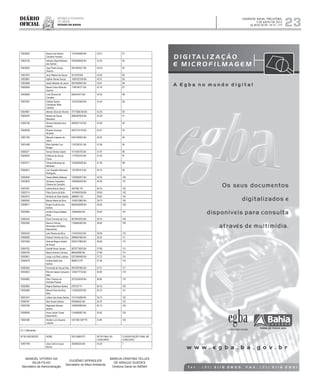 Diário
oficial
SALVADOR, BAHIA, TERÇA-FEIRA,
2 DE JULHO DE 2013
 ANO XCVII - No
21.173
rEpúBliCa FEdErativa
do BraSil
estado da BahIa 23
Nº DE INSCRIÇÃO NOME DOCUMENTO NOTA FINAL NO
CONCURSO
CLASSIFICAÇÃO FINAL NO
CONCURSO
10002800 Acacio dos Santos
Carvalho Ferreira
1314424068 BA 43.31 81
10002136 Adriana Veiga Barbosa
dos Santos
0350394938 BA 43.30 82
10003602 Joao Paulo Araujo
Teixeira
0941853527 BA 43.29 83
10001674 Jerry Ribeiro de Souza 3213476 BA 43.05 84
10003861 Agthan Nunes Souza 1509102159 BA 42.91 85
10003068 Jeane Macedo de Jesus 0931656923 BA 42.81 86
10000659 Marcel Victor Mota de
Queiroz
1198194731 BA 42.76 87
10003828 Livia Oliveira de
Carvalho
836445473 BA 42.50 88
10001991 Fabiola Santos
Conceiçao Teles
Cardoso
1337225380 BA 42.44 89
10004961 Aldimar Silva de Oliveira 07773682-69 BA 42.36 90
10000497 Moises de Souza
Marcelino
0992487005 BA 42.28 91
10000169 Silvana Alcantara dos
Santos
0959527133 BA 42.09 92
10005838 Ricardo Gusmao
Almeida
0970716176 BA 42.07 93
10001199 Marcelo Caetano de
Jesus
0391440624 BA 42.03 94
10001469 Ellen Samille Cruz
Borges
1155706161 BA 41.98 95
10006271 Tercia Oliveira Castro 1411924703 BA 41.97 96
10000044 Edileuza de Souza
Coura
1177833743 BA 41.64 97
10007617 Tamara Menezes de
Menezes
1303590506 BA 41.59 98
10000673 Luiz Expedito Machado
Rodrigues
1357581815 BA 40.75 99
10002506 Tassia Mattos Baltazar 1353695921 BA 40.53 100
10003830 Vanessa Coppieters
Oliveira de Carvalho
1005906246 BA 40.36 101
10007057 Leticia Barros Secco 3507961 PA 40.33 102
10003714 Ytalo Guirra de Brito 1474949746 BA 39.84 103
10003012 Almeida da Silva Santos 3966827 GO 39.82 104
10000045 Marcia Maria da Silva 1550572865 BA 39.73 105
10008671 Roseli Coutinho dos
Santos
0845528599 BA 39.65 106
10003982 Amilton Roque Batista
Alves
108484955 BA 39.36 107
10005445 Clovis Ferreira da Cruz 0810955032 BA 39.10 108
10003480 Marcus Vinicius
Benevides de Mattos
Nascimento
1156465400 BA 38.80 109
10005433 Lais Pereira da Silva 1144570425 BA 38.59 110
10008382 Roberio Silveira da Cruz 0998091685 BA 38.34 111
10001956 Samuel Magno Santos
de Sousa
0350317860 BA 38.28 112
10004752 Uendel Alves Gomes 0870773020 BA 37.98 113
10005728 Marcio Amorim Ferreira 866505806 BA 37.98 114
10005851 Jorge Luis Reis Lustosa 0227569490 BA 37.72 115
10000479 Andrea Maria dos
Santos
5899513 PE 37.46 116
10005405 Fernanda de Souza Dias 0872497585 BA 37.01 117
10002643 Rita de Cassia Cerqueira
Melo
1255477733 BA 36.90 118
10005892 Ellen Thereza de
Andrade Pereira
2072539439 BA 36.85 119
10002863 Rejane Barbosa Santos 2787337 PI 36.16 120
10003569 Manuel Dias da Silva
Neto
1135226229 BA 35.75 121
10001810 Joilson dos Anjos Santos 1314145266 BA 35.73 122
10006767 Alex Nunes Santos 978495522 BA 35.70 123
10002788 Reginaldo Moreira
Santos
1436295068 BA 34.13 124
10008590 Anna Lauren Costa
Nascimento
1154069567 BA 34.05 125
10002380 Alcides Luis Siqueira
Leandro
4347266 SSP PE 33.88 126
4.2.1 Deﬁcientes
Nº DE INSCRIÇÃO NOME DOCUMENTO NOTA FINAL NO
CONCURSO
CLASSIFICAÇÃO FINAL NO
CONCURSO
10007798 Joao Carlos Souza
Barros
205585205 BA 54.20 1
MANOEL VITÓRIO DA
SILVA FILHO
Secretário de Administração
EUGÊNIO SPENGLER
Secretário do Meio Ambiente
MÁRCIA CRISTINA TELLES
DE ARAÚJO GUEDES
Diretora Geral do INEMA
 