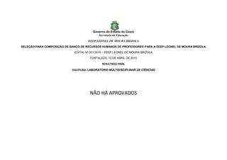 Governo do Estado do Ceará
Secretaria da Educação
EEEP LEONEL DE MOURA BRIZOLA
SELEÇÃO PARA COMPOSIÇÃO DE BANCO DE RECURSOS HUMANOS DE PROFESSORES PARA A EEEP LEONEL DE MOURA BRIZOLA.
EDITAL Nº 001/2015 – EEEP LEONEL DE MOURA BRIZOLA
FORTALEZA, 10 DE ABRIL DE 2015
RESULTADO FINAL
DISCIPLINA: LABORATÓRIO MULTIDISCIPLINAR DE CIÊNCIAS
NÃO HÁ APROVADOS
 