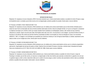 PREFEITURA MUNICIPAL DE CRUZEIRO
ESTADO DE SÃO PAULO
90
Resposta: Em resposta ao recurso interposto a MGA Concursos esclarece que, a banca examinadora analisou a questão de número 05 para o cargo
de Assistente social, e constatou que de fato ocorreu erro na diagramação, portanto questão foi anulada. Sendo assim, recurso deferido.
N° Protocolo: 20150901.215341.84525.203.506.71142
Resposta: Em resposta ao recurso interposto a MGA esclarece que, em análise junto a banca examinadora que os instrumentos utilizados para o
estudo de caso foram as descrições das seis primeiras sessões observadas durante a fase de avaliação familiar, em que se começaram a esclarecer
os objetivos da terapia com a família, sendo que nessas sessões foram avaliadas as manifestações verbais e não-verbais de seus membros,
utilizando-se, portanto, alguns recursos para obter informações sobre esta, tais como: uma Escultura e uma Colagem, cujo tema foi Minha Família. A
Escultura é uma técnica não verbal que permite à família a expressão de idéias e de emoções por meio da utilização do corpo e do movimento
(ANDOLFI, 1981). A Colagem é uma atividade que possibilita que a família se retrate por meio de figuras desenhadas ou coladas, explicitando como
estes se vêem uns em relação aos outros. Sendo assim recurso indeferido.
N° Protocolo: 20150901.221452.84525.203.506.71142
Resposta: Em resposta ao recurso interposto a MGA esclarece que, em análise junto a banca examinadora concluiu que no conteúdo programático
está escrito: Organização dos serviços de saúde no Brasil: Sistema Único de Saúde Princípios e diretrizes, controle social; Indicadores de saúde.
Esta como fundamento ta LEI Nº 7.853, DE 24 DE OUTUBRO DE 1989). Sendo assim recurso indeferido.
N° Protocolo: 20150901.225309.94959.203.506.79310
Resposta: Em resposta ao recurso interposto a MGA esclarece que, a banca examinadora analisou a questão de número 03 para o cargo de
Psicólogo e constatou que de fato ocorreu um equivoco na diagramação, tal fato não interfere para assinalar corretamente no gabarito uma vez que,
no gabarito segue a ordem correta, deduzindo então que no caderno de prova segue a ordem numérica não acarretando nenhum dano ao candidato
portanto a questão não será anulada. Sendo assim, recurso indeferido.
 
