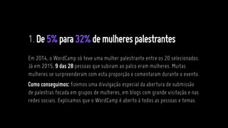 1.De5%para32%demulherespalestrantes
Em 2014, o WordCamp só teve uma mulher palestrante entre os 20 selecionados.
Já em 2015, 9 das 28 pessoas que subiram ao palco eram mulheres. Muitas
mulheres se surpreenderam com esta proporção e comentaram durante o evento.
Como conseguimos: fizemos uma divulgação especial da abertura de submissão
de palestras focada em grupos de mulheres, em blogs com grande visitação e nas
redes sociais. Explicamos que o WordCamp é aberto à todos as pessoas e temas.
 