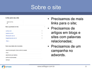 8www.softagon.com.br
Sobre o site
• Precisamos de mais
links para o site;
• Precisamos de
artigos em blogs e
sites com palavras
relacionadas;
• Precisamos de um
campanha no
adwords.
 