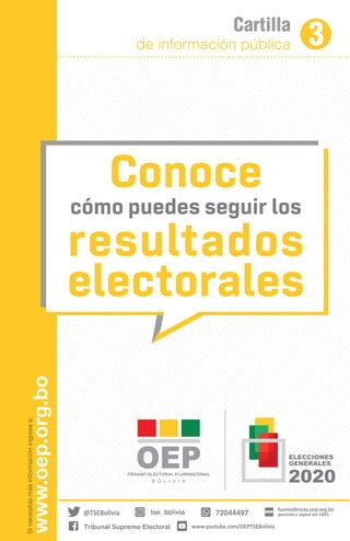 Cartilla
de información pública 3Sinecesitasmásinformacióningresaa:
www.oep.org.bo
Conoce
cómo puedes seguir los
resultados
electorales
tse_bolivia 72044497
Tribunal Supremo Electoral
 