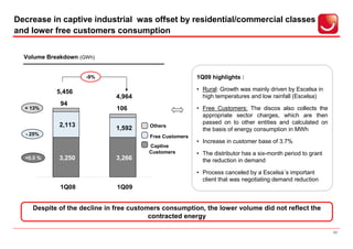 Decrease in captive industrial was offset by residential/commercial classes
and lower free customers consumption


  Volume Breakdown (GWh)


                     -9%                                 1Q09 highlights :

            5,456                                        • Rural: Growth was mainly driven by Escelsa in
                              4,964                        high temperatures and low rainfall (Escelsa)
             94
  + 13%                       106                        • Free Customers: The discos also collects the
                                                           appropriate sector charges, which are then
             2,113                                         passed on to other entities and calculated on
                                        Others
                              1,592                        the basis of energy consumption in MWh
  - 25%                                 Free Customers
                                                         • Increase in customer base of 3.7%
                                        Captive
                                        Customers        • The distributor has a six-month period to grant
  +0.5 %     3,250            3,266                        the reduction in demand

                                                         • Process canceled by a Escelsa´s important
                                                           client that was negotiating demand reduction
             1Q08             1Q09


    Despite of the decline in free customers consumption, the lower volume did not reflect the
                                         contracted energy

                                                                                                             11
 