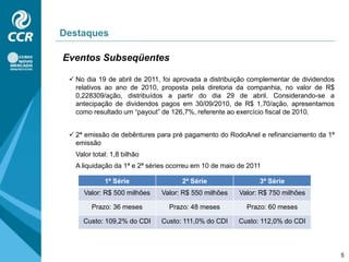 O número de usuários da STP (arrecadação eletrônica) expandiu-se em 35,4%, em relação a Março de 2010, atingindo 2.726 mil tag’s ativos. A participação deste meio na arrecadação de pedágio atingiu 62,8% no 1T11.