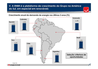 V. A ENBR é a plataforma de crescimento do Grupo na América
do Sul, em especial em renováveis

Crescimento anual da demanda de energia nos últimos 3 anos (%)
                                                                 Venezuela
                 Colômbia
                                                                    6,4%
Equador             4,3%
   6,6%




                                                                      Brasil
   Peru                                                                    4,2%
       5,6%                 Chile
                                6,0%


                                            Argentina
                                               5,4%        Seleção criteriosa de
                                                              oportunidades


    Fonte: EIU

                                                                                   40
 