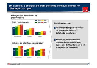 Em especial, a Energias do Brasil pretende continuar a atuar na
otimização do opex


  Evolução dos indicadores de
  produtividade
                                                                  2004         2006
  GWh / colaborador                                               2005         2007
                                                                                      Medidas concretas
                        12,9
                 12,0
   10,1
          10,3                                                                        █ Nova metodologia de controle
                                                     8,9
                                             8,1
                               5,8
                                      6,6                                              de gestão disciplinada,
                                                                         4,3   4,4
                                                           3,4    3,6                  detalhada e profunda
      Bandeirante                      Escelsa                    Enersul

                                                                                      █ Avaliação permanente da

  Milhares de clientes / colaborador                                                   adequação da estrutura de
                                                                                       custos das distribuidoras vis-à-vis
                                                                                       a empresa de referência
                 1,29 1,40
                                                    1,15
    1,06 1,07                                1,06
                                      0,89                              0,94 0,96
                               0,80                        0,71 0,76



          Bandeirante                  Escelsa                   Enersul




                                                                                                                             43
 