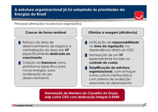 A estrutura organizacional já foi adaptada às prioridades da
Energias do Brasil

Principais alterações na estrutura organizativa

       Crescer de forma rentável                      Otimizar a margem (eficiência)


  █   Reforço da área de                          █   Unificação da responsabilidade
      desenvolvimento de negócio e                    na área da regulação, na
      centralização da área sob VP                    dependência direta do CEO
      especificamente dedicado ao                 █   Nomeação de um VP
      crescimento                                     especialmente focado no
  █   Criação da Enernova como                        controle de custos
      plataforma específica para                  █   Simplificação da estrutura
      novas energias, para                            organizacional, com enfoque
      aceleração do seu                               numa cultura meritocrática,
      desenvolvimento                                 com sistema de avaliação
                                                      associado ao desempenho


                     Nomeação de Membro do Conselho do Grupo
                     edp como CEO com dedicação integral à ENBR

                                                                                       45
 