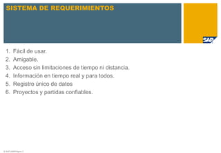 SISTEMA DE REQUERIMIENTOS




 1.      Fácil de usar.
 2.      Amigable.
 3.      Acceso sin limitaciones de tiempo ni distancia.
 4.      Información en tiempo real y para todos.
 5.      Registro único de datos
 6.      Proyectos y partidas confiables.




© SAP 2009/Página 3
 