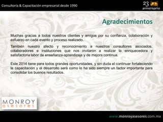 Consultoría & Capacitación empresarial desde 1990

Agradecimientos
Muchas gracias a todos nuestros clientes y amigos por su confianza, colaboración y
esfuerzo en cada evento y proceso realizado.
También nuestro afecto y reconocimiento a nuestros consultores asociados,
colaboradores e instituciones que nos invitaron a realizar la enriquecedora y
satisfactoria labor de enseñanza-aprendizaje y de mejora continua.

Este 2014 tiene para todos grandes oportunidades, y sin duda el continuar fortaleciendo
la capacitación y el desarrollo será como lo ha sido siempre un factor importante para
consolidar los buenos resultados.
.

www.monroyasesores.com.mx

 