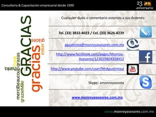 Consultoría & Capacitación empresarial desde 1990

Cualquier duda o comentario estamos a sus órdenes:

Tel. (33) 3832-4023 / Cel. (33) 3626-8239
agustinma@monroyasesores.com.mx
http://www.facebook.com/pages/MonroyAsesores/123659804358452

http://www.youtube.com/user/MrAgustinraul

Skype: amonroyacosta

www.monroyasesores.com.mx

www.monroyasesores.com.mx

 