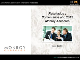 Consultoría & Capacitación empresarial desde 1990

Resultados y
Comentarios año 2013
Monroy Asesores

Enero de 2014

www.monroyasesores.com.mx

 