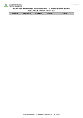 Página: 5 de 5
Fecha: 30/09/2018 - 12:43 p.m.
CODIGO ACIERTOS PUNTAJE GRUPO LOCAL
EXAMEN DE RANKING CICLO INTENSIVO 2019 - 30 DE SEPTIEMBRE DE 2018
RESULTADOS - ORDEN ALFABETICO
Grupo Kennedy Balmer... Te lleva al éxito - Calle Rivero 307 - Telf. 577393
 